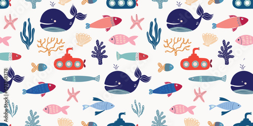 Summer marine seamless pattern with cute nautical elements, design inspiration for kids wallpaper, fabric, wrapping paper