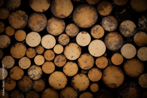 Abstract photo of a pile of natural wooden logs wall as background  top view. Logs are stacked in rows. Wood cut texture background. Generative AI