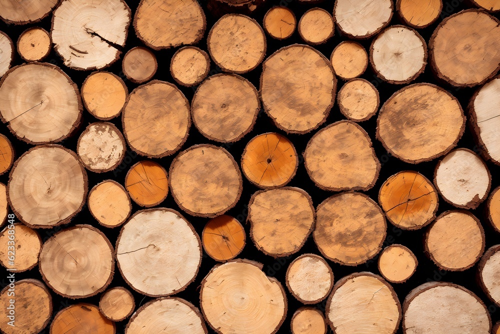 Abstract photo of a pile of natural wooden logs wall as background, top view. Logs are stacked in rows. Wood cut texture background. Generative AI Abstract photo of a pile of natural wooden logs wall as background, top view. Logs are stacked in rows. Wood cut texture background. Generative AI