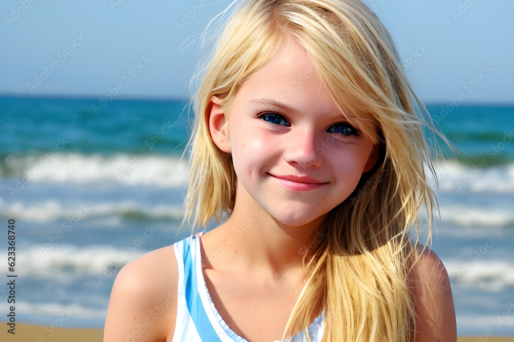 Cute expression of cute blonde girl at the beach. Generative AI
