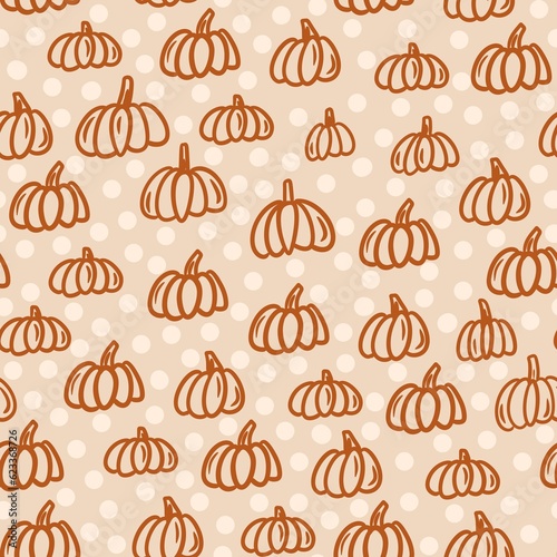 seamless hand drawn pattern beige brown polka dot background ripe organic pumpkin squashes. For halloween thanksgiving design paper textile harvest celebration fall autumn season cute nursery.