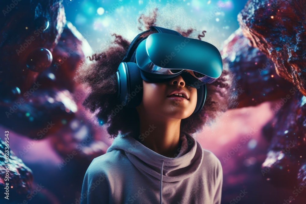 Close up of girl wearing VR headset user surreal wonderland. Cosmic background Close up of girl wearing VR headset user surreal wonderland. Cosmic background