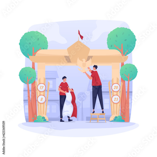 Illustration of Indonesian independence celebration with youth decorating the gate
