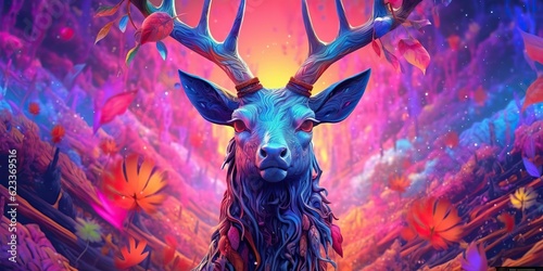 AI Generated. AI Generative. psychedelic stag deer animal. Ink brush draw paint sketch street art vibrant colors. Wild life mammal nature style. Graphic Art