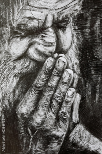 portrait of an old man with folded hands near his face