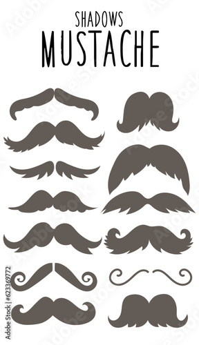 A set of graphic icons with hipster mustache spots. A large collection of mustaches with spots of different shapes. Vector illustration, elements for toppers for a holiday, a photo shoot. Barbershop