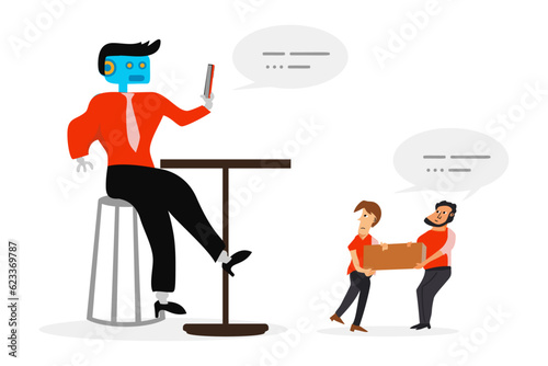 Conceptual surreal illustration of robot ai, artificial intelligent, taking over human life, work, and intellect. Future about challenges utilizing technology. Robots become bosses for human workers