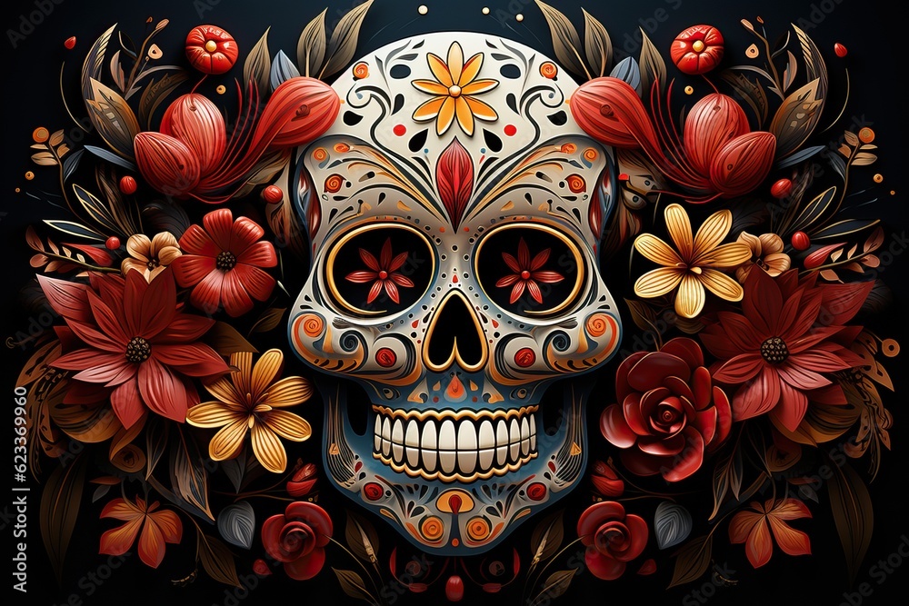 Masque Dia de los Muertos avec des fleurs comme fond, Generative IA Masque Dia de los Muertos avec des fleurs comme fond, Generative IA
