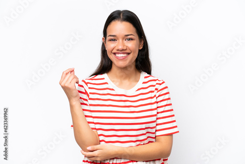 Young Colombian woman isolated on white background laughing