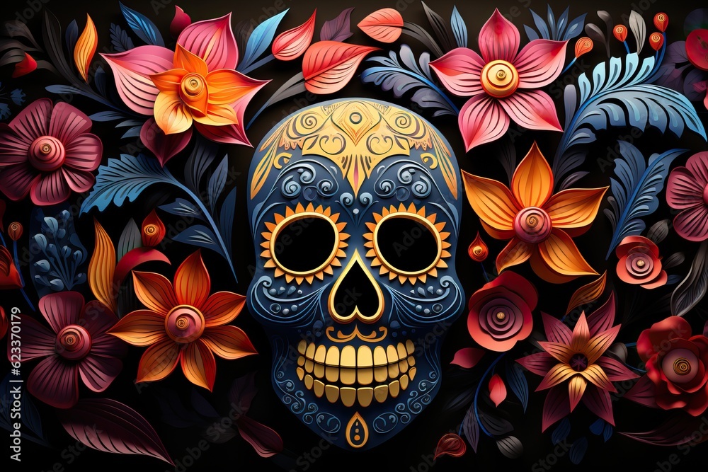 Masque Dia de los Muertos avec des fleurs comme fond,  Generative IA