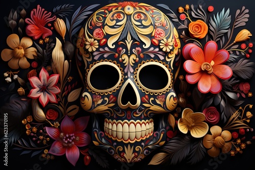 Masque Dia de los Muertos avec des fleurs comme fond, Generative IA