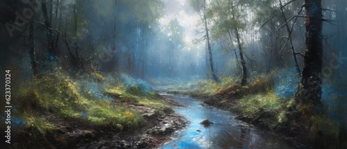 Idyllic forest wetland on a sunrise misty morning with distant rain clouds  early autumn picturesque woodland landscape with conifer pine trees next to shallow river stream - generative AI