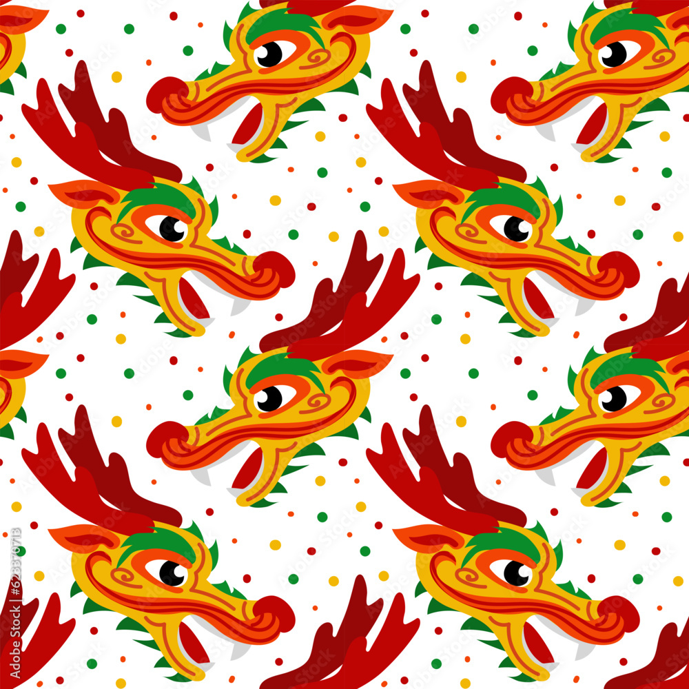 Vector seamless pattern with orange Chinese dragon heads. Hand-drawn. Abstract art print. Wallpaper, fabric design, fabric, napkin, textile design template, background. Mythological Year of the Dragon