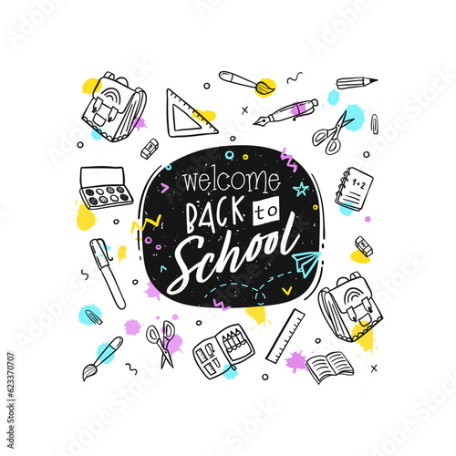 Doodle concept of education, School background with hand drawn school supplies and Back to School lettering