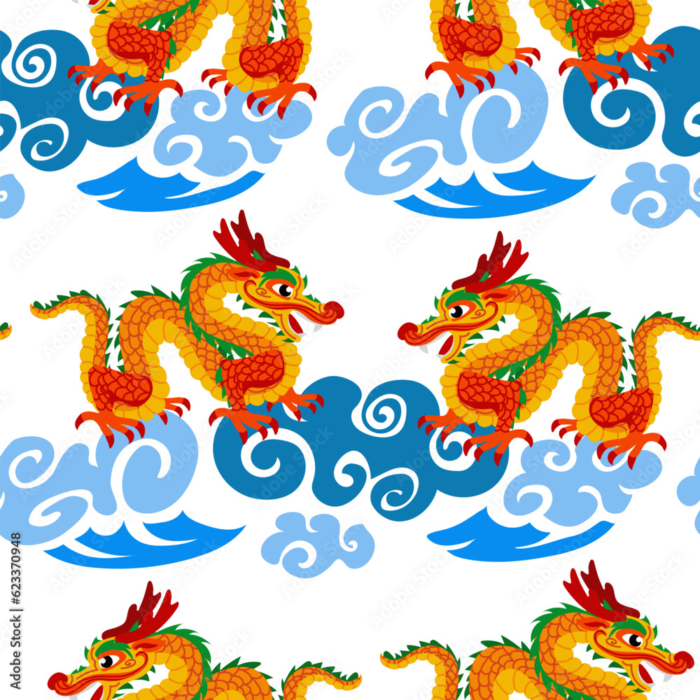 Fototapeta premium Vector seamless pattern with orange Chinese dragons on clouds. Hand-drawn. Abstract art print. Wallpaper, fabric design, fabric, napkin, textile design template, background. Mythological. Dragon