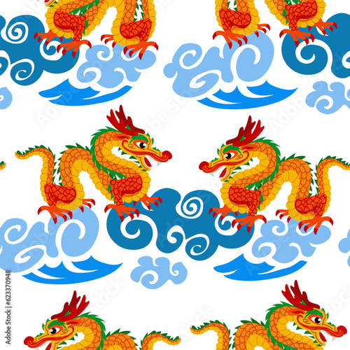 Vector seamless pattern with orange Chinese dragons on clouds. Hand-drawn. Abstract art print. Wallpaper, fabric design, fabric, napkin, textile design template, background. Mythological. Dragon © Svetlana