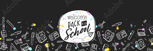 Doodle concept of education, School background with hand drawn school supplies and Back to School lettering