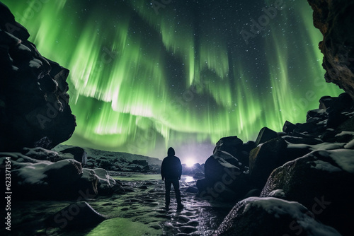 Rear view of an unidentified traveler admiring the stunning green Northern Lights during a journey through Iceland.