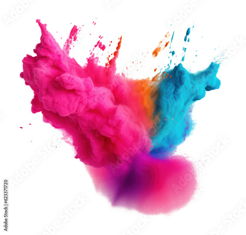 Holi powder explosion with vibrant colors. Isolated on transparent white background