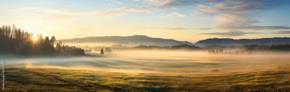 Beautiful panorama background of grasses on a field in the Black Forest illuminated by the morning sun,
