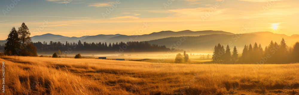 Beautiful panorama background of grasses on a field in the Black Forest illuminated by the morning sun, p2