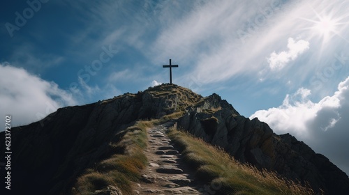 Der Weg zum Gipfel mit Gipfelkreuz. Heiliger Weg. Generativ KI photo