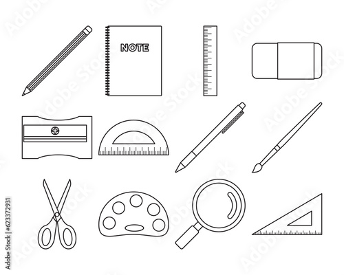 School supplies vector illustration set, back to school, pencil, book, ruler, eraser. Flat design outline