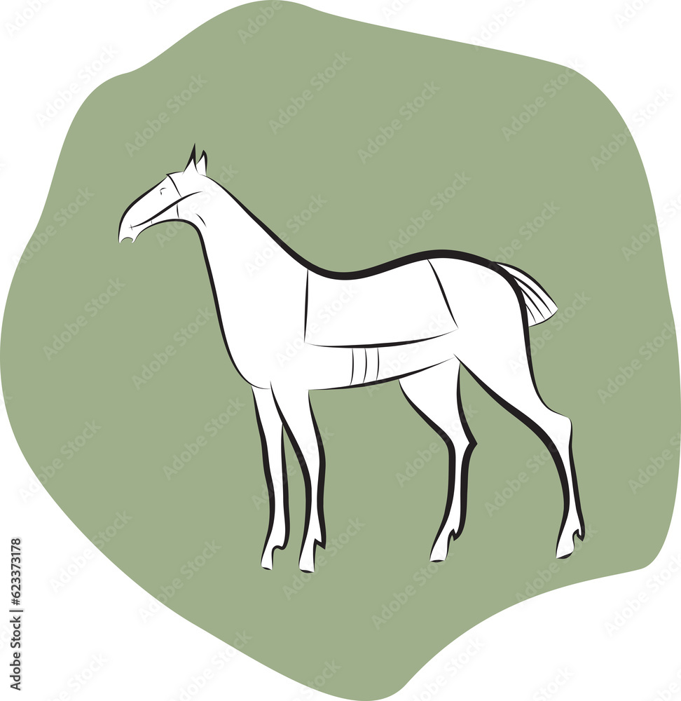 Obraz premium Black and white stallion silhouette on green spot background. Hand drawing steed. Graceful elegant standing horse. Saddled mustang. Horse symbol. Logo template for stables, farms, racing.