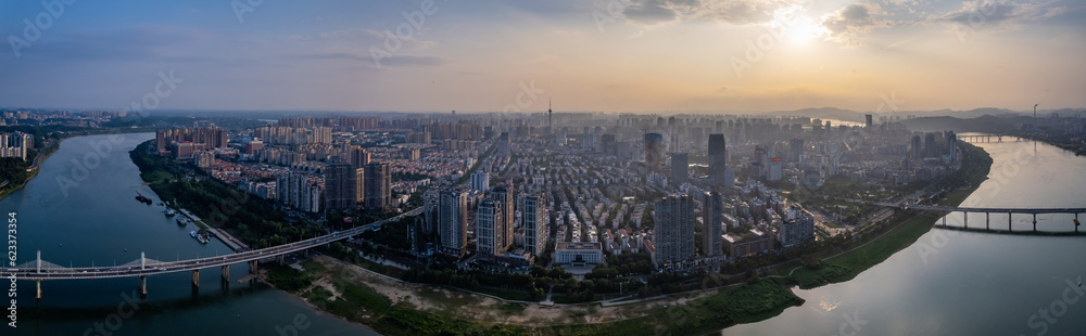 Panoramic view of city skyline on both sides of the river in Zhuzhou, China