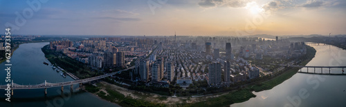 Panoramic view of city skyline on both sides of the river in Zhuzhou  China