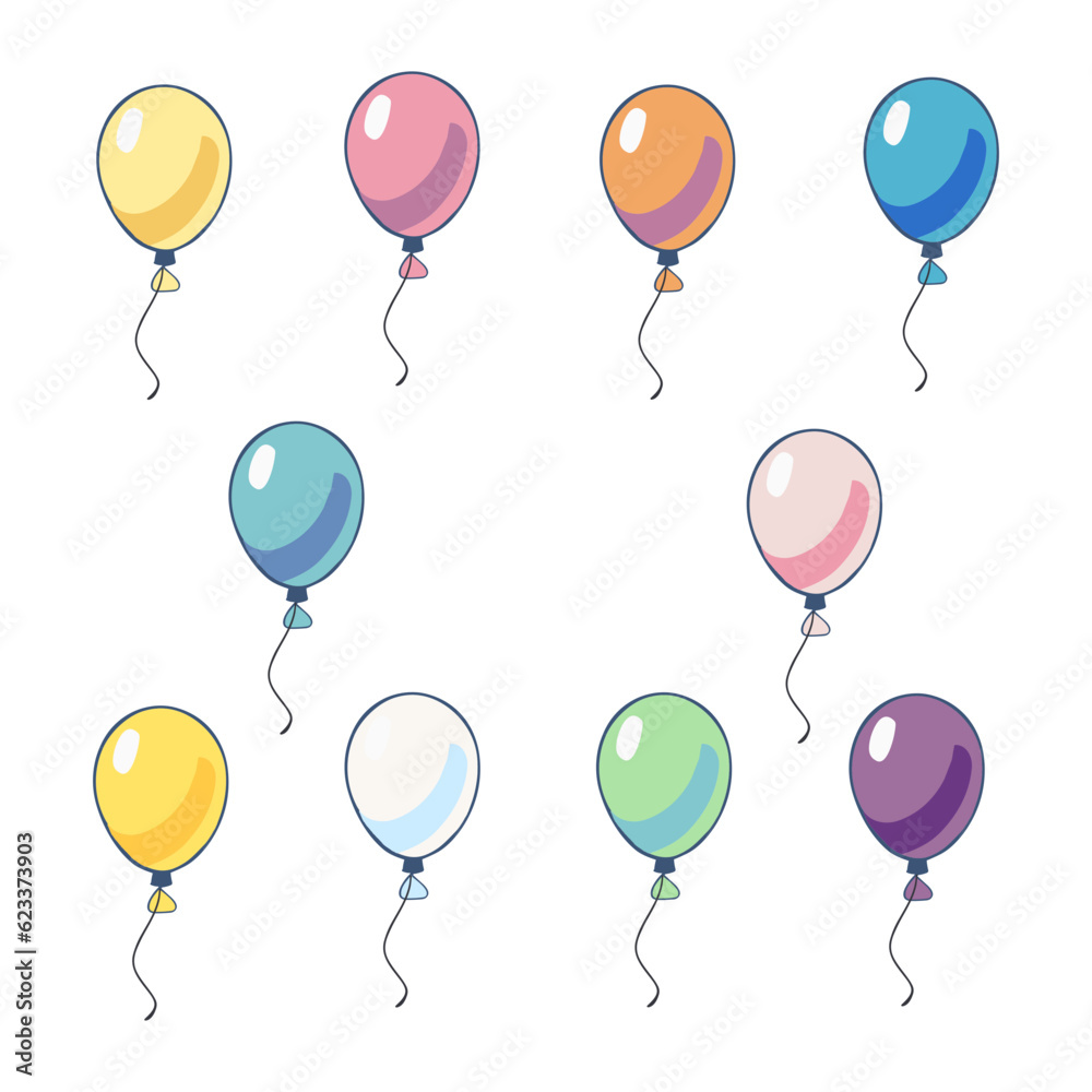 Illustration of 10 colorful balloons in various shades