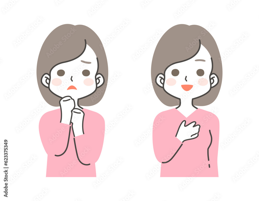 若い女性の悩む・困る表情と笑顔のイラスト素材セット 若い女性の悩む・困る表情と笑顔のイラスト素材セット