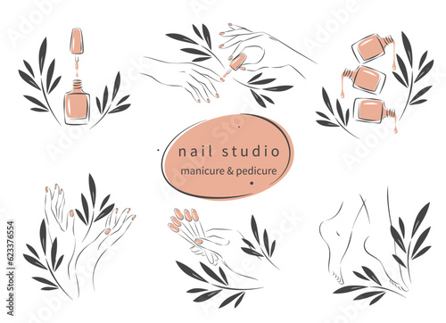 Set of elements for nail studio. Nail polish, nail brush, manicured female hands and legs. Vector illustrations
