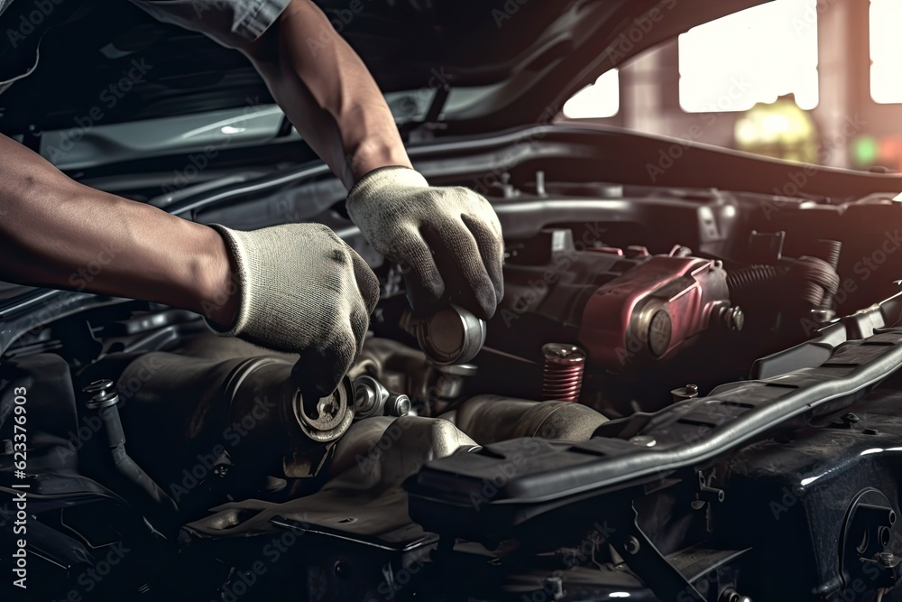 Auto mechanic working on car broken engine in mechanics service or garage. Transport maintenance wrench detial Auto mechanic working on car broken engine in mechanics service or garage. Transport maintenance wrench detial