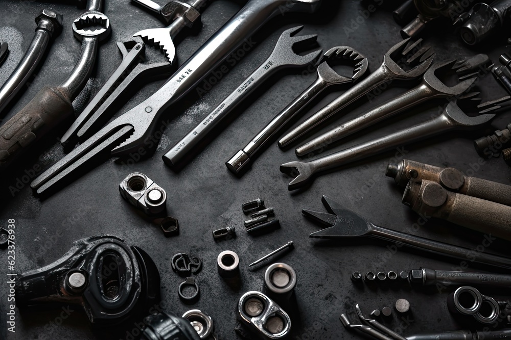 Fototapeta premium Auto mechanic's tools on grey stone table with copy space