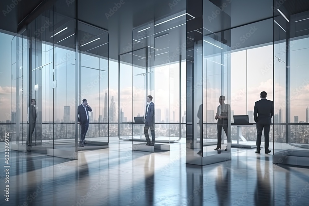 business people discussing business in the office view from outside the building business people discussing business in the office view from outside the building