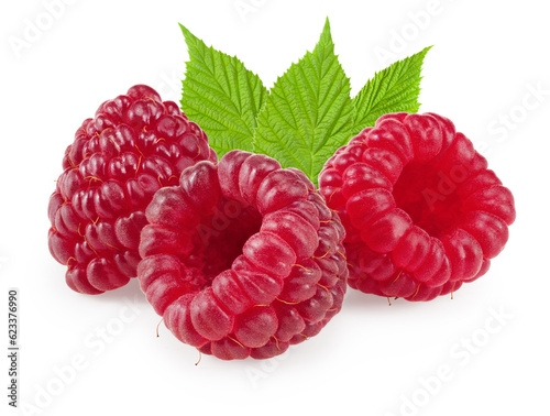 ripe raspberries with green leaf isolated on white background macro. clipping path
