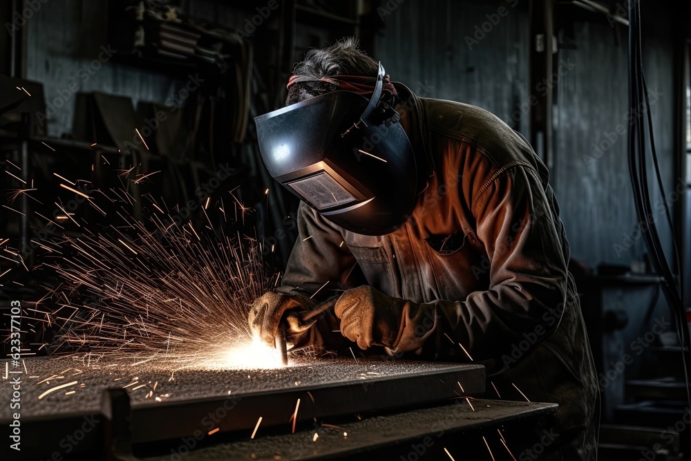 Industrial worker with protective mask welding steel structure in a factory Industrial worker with protective mask welding steel structure in a factory