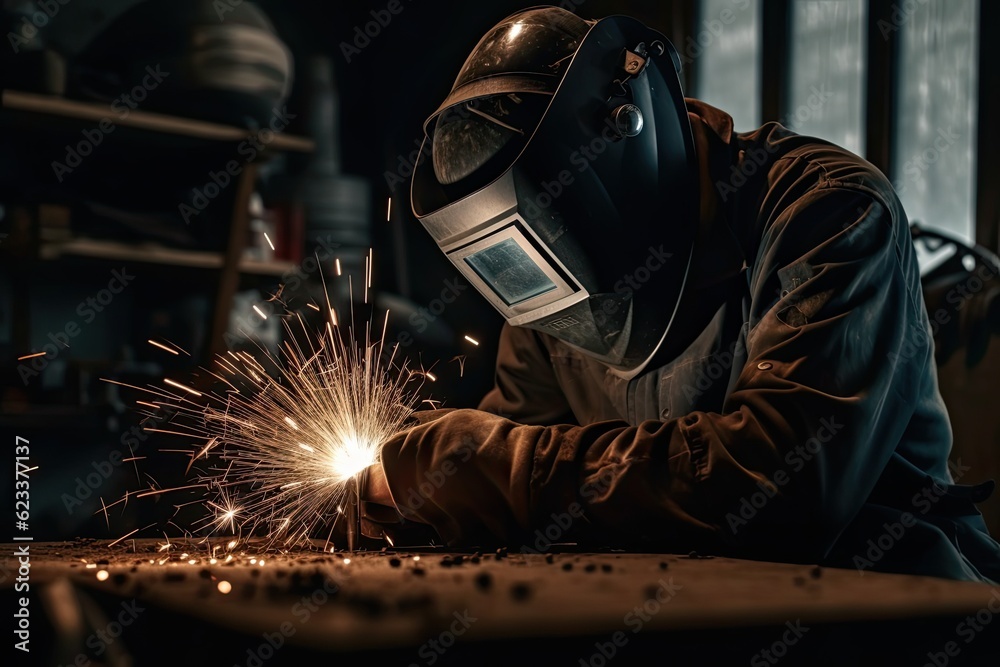 Industrial worker with protective mask welding steel structure in a factory Industrial worker with protective mask welding steel structure in a factory