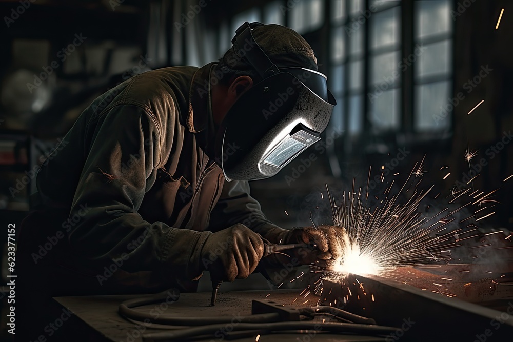 Industrial worker with protective mask welding steel structure in a factory Industrial worker with protective mask welding steel structure in a factory