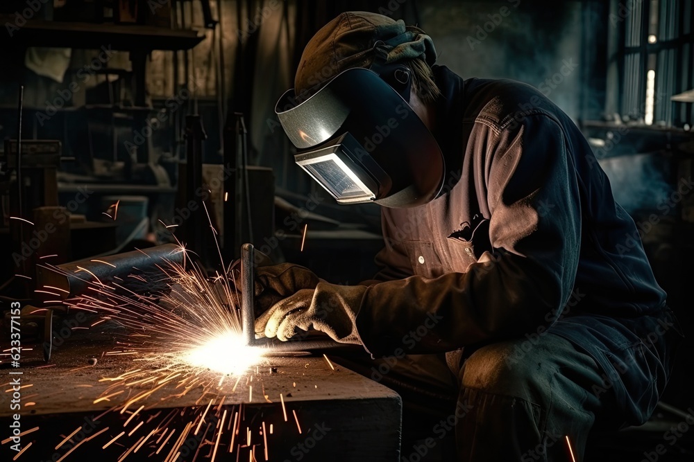 Industrial worker with protective mask welding steel structure in a factory Industrial worker with protective mask welding steel structure in a factory