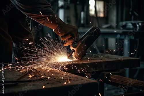 Industrial worker with protective mask welding steel structure in a factory