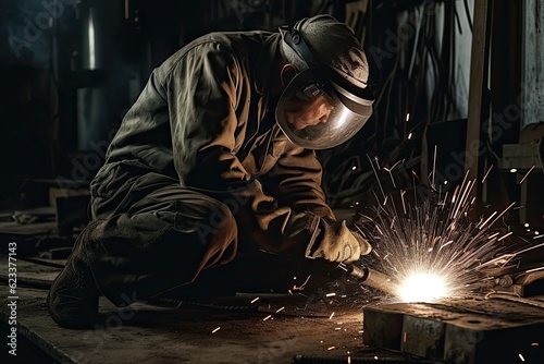 Industrial worker with protective mask welding steel structure in a factory © ttonaorh