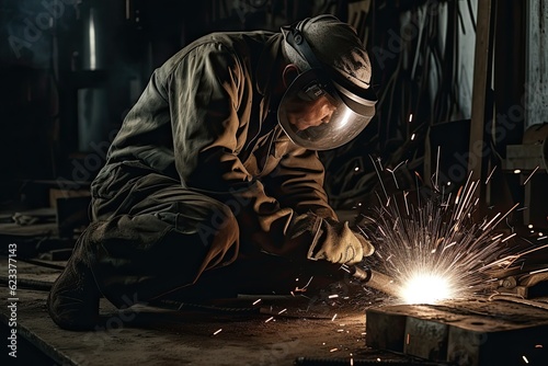 Industrial worker with protective mask welding steel structure in a factory