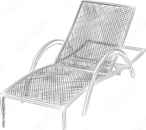Line art illustration of beach sun lounger. 
Vector illustration of chaise longue wave for relaxing on the beach, in the garden, in the patio. Summer adjustable deck chair with armrests in vector.
