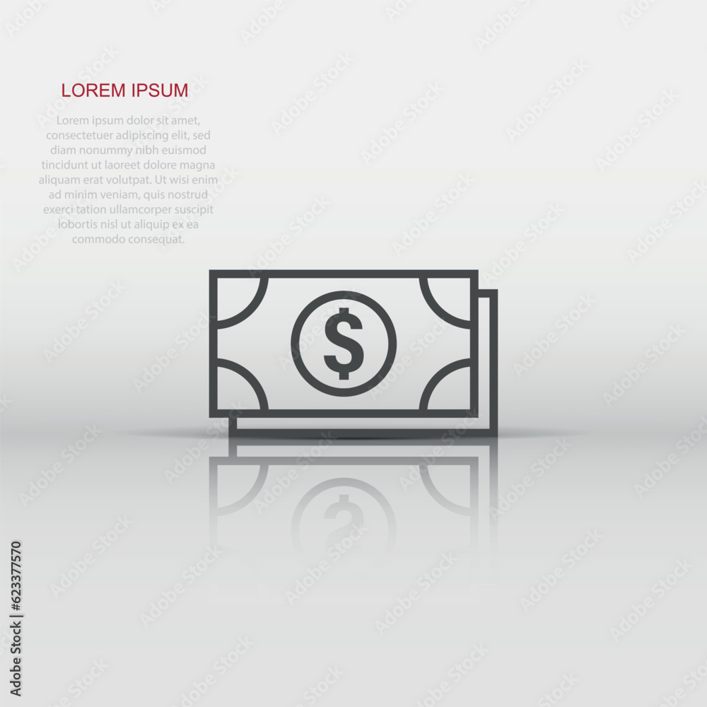 Dollar currency banknote icon in flat style. Dollar cash vector illustration on white isolated background. Banknote bill business concept. Dollar currency banknote icon in flat style. Dollar cash vector illustration on white isolated background. Banknote bill business concept.