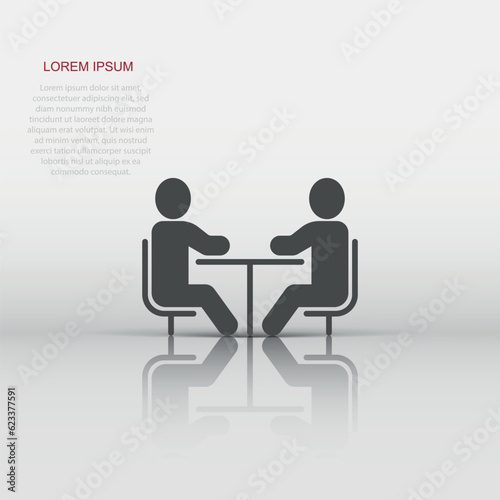 People with table icon in flat style. Teamwork conference vector illustration on white isolated background. Speaker dialog business concept.