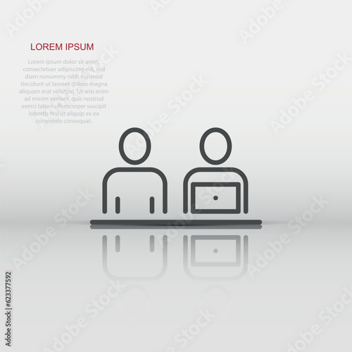 People with laptop computer icon in flat style. Pc user vector illustration on white isolated background. Office manager business concept.