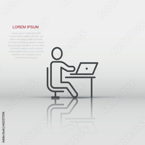 People with laptop computer icon in flat style. Pc user vector illustration on white isolated background. Office manager business concept.