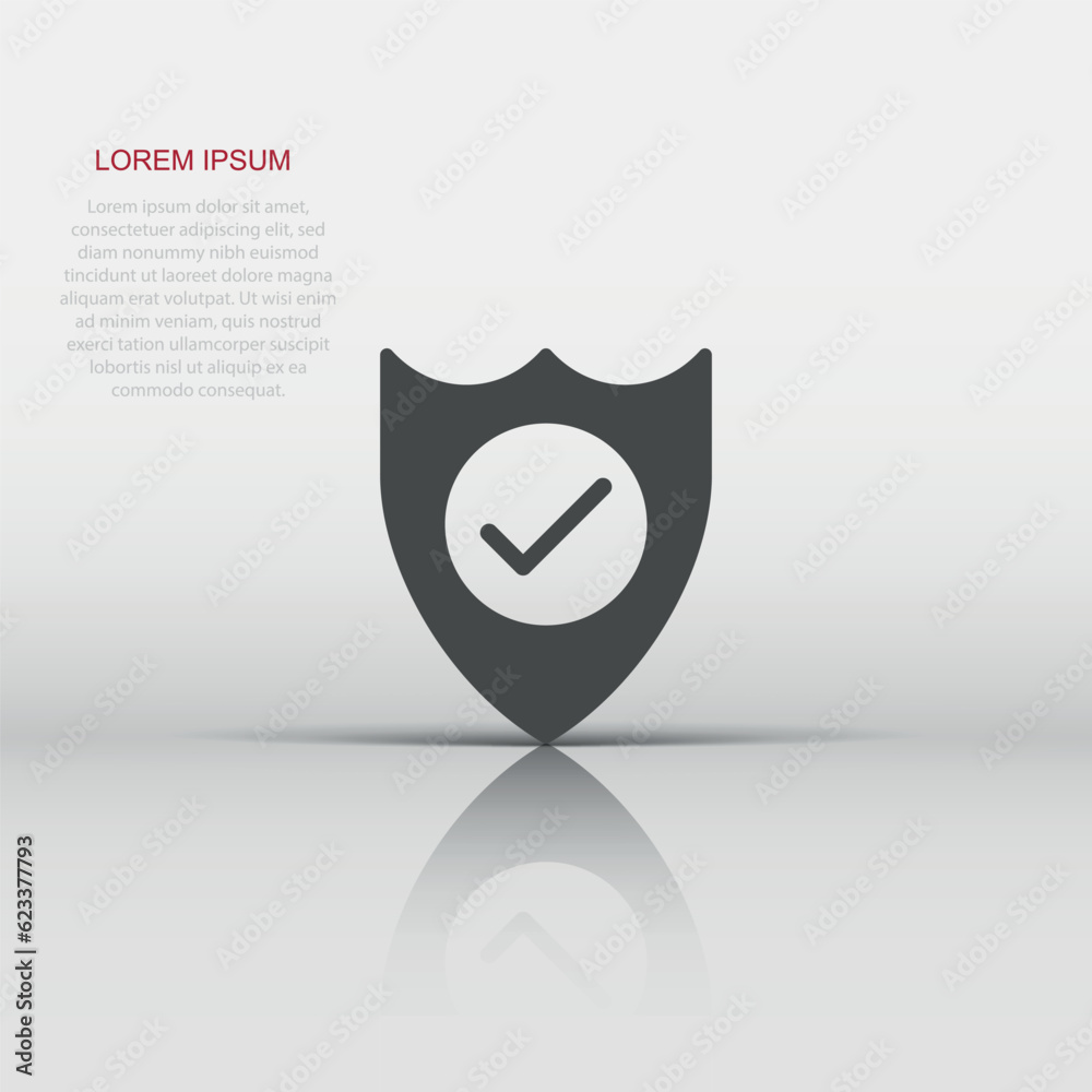 Shield with check mark icon in flat style. Protect vector illustration on white isolated background. Checkmark guard business concept.